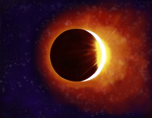 Beautiful eclipse illustration with yellow light rays and clouds in the dark sky