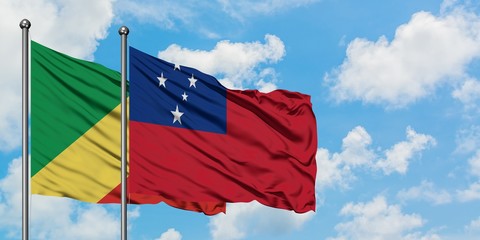 Republic Of The Congo and Samoa flag waving in the wind against white cloudy blue sky together. Diplomacy concept, international relations.