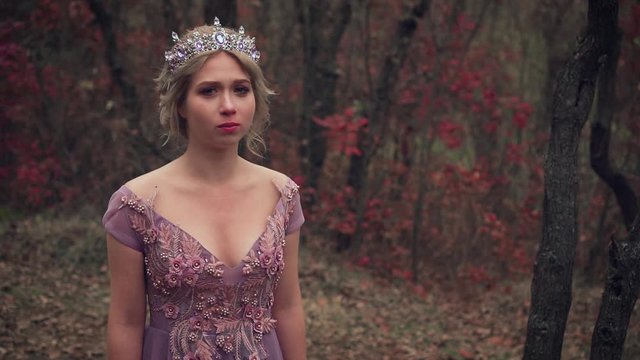Character Fairy tale princess in a purple dress says no, protests, refuses, denies with tears in her eyes. The queen is crying. Crown with stones. Attractive, sweet, beautiful face. Autumn nature 