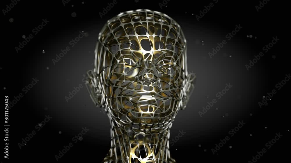 Poster 3d bi-metallic android or alien head revolving with particles floating around. abstract technology, 