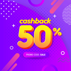 modern Banner design template with 50% cashback offer. Vector illustration for promotion discount sale advertising