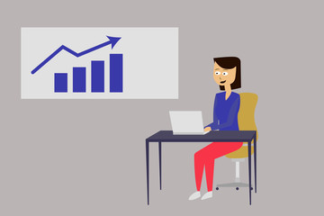 Busy success woman on work, managing file, good statistic of sales cartoon character work on laptop