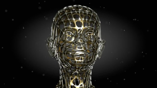 3D bi-metallic android or alien head revolving with particles floating around. Abstract technology, engineering and science fantasy. Depth of field settings. 3D rendering