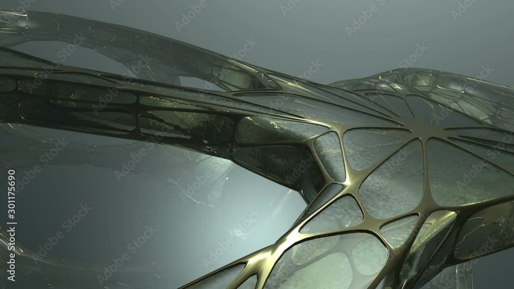 Poster flying over an ancient alien structure or spaceship. 3d strange dark object made by old crystal and 