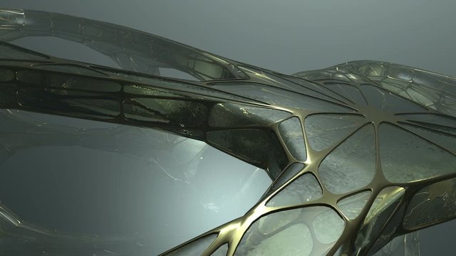 Flying over an ancient alien structure or spaceship. 3D strange dark object made by old crystal and gold. Realistic attractive texture. Science, technology and engineering concept. 3D rendering