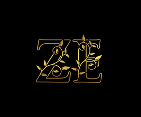 Golden letter Z and E, ZE vintage decorative ornament emblem badge, overlapping monogram logo, elegant luxury gold color on black background.