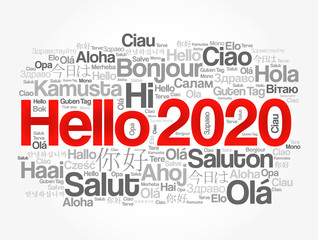 Hello 2020 word cloud in different languages of the world, background concept