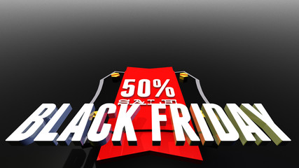 Obraz premium Black friday 50 percent sale label with ribbon and badge or tag for flyers and banners. 3D illustration