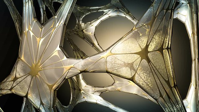 Ancient alien structure revolving. 3D strange dark fantasy object made by old crystal and gold. Realistic attractive texture. Science, technology and engineering concept. 3D rendering