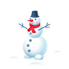 Snowman in bucket hat and red scarf isolated on white background. Vector