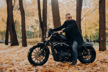 Plakat Thoughtful biker rides fast motorcycle, turns away, notices something into distance, wears sunglasses, poses in autumnal park, drives in nature. Lonely motorcyclist poses outdoor at nature during trip