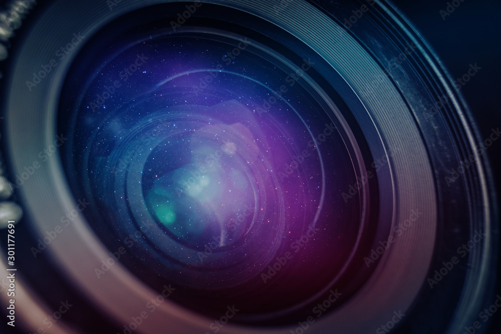 Poster Close up beautiful camera lens on a black background. Macro view..