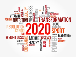 2020 health and sport goals word cloud, concept background