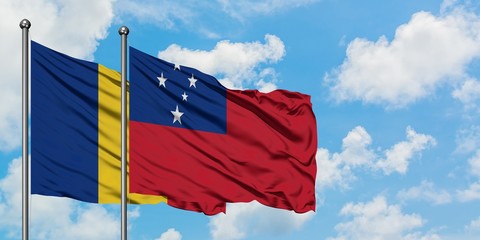 Romania and Samoa flag waving in the wind against white cloudy blue sky together. Diplomacy concept, international relations.