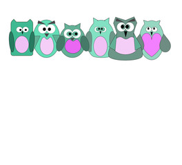 Green and pink owls cartoons with funny faces. 
