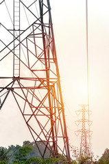 Power poles and power lines, High-voltage tower at sky background