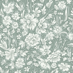 Monochrome cute floral seamless pattern with daisies, briar and wild flowers