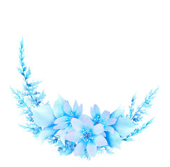 Fantasy winter composition of blue abstract stylized flowers and branches hand drawn in watercolor isolated on a white background. Winter watercolor illustration. Fantasy winter flowers. Winter frame