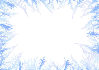 Fantasy winter square frame of blue abstract branches hand drawn in watercolor isolated on a white background. Winter monochrome illustration. Fantasy floral frame