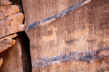 Detail of a part of the petroglyphs incised by the Fremont People in the sandstone rock face at...