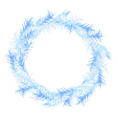 Fantasy winter round wreath of blue abstract branches hand drawn in watercolor isolated on a white background. Winter monochrome illustration. Fantasy floral frame