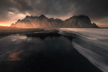 View to the Vestrahorn mountain from the Stokksnes beach, Iceland.