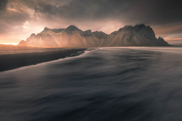 View to the Vestrahorn mountain from the Stokksnes beach, Iceland.