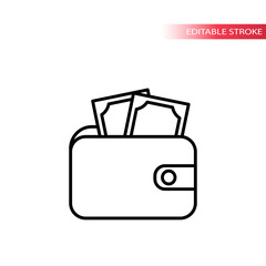 Wallet with dollar money thin line vector icon. Wallet and money outline symbol, editable.