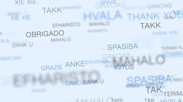 Thank You In Multiple Languages  Word Cloud Flythrough Loop. Abstract animated background through floating clouds of keyword text.