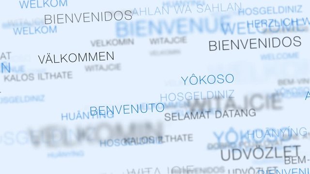Welcome In Multiple Languages  Word Cloud Flythrough Loop. Abstract animated background through floating clouds of keyword text.