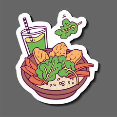 Healthy meal with sweet potato, arugula and green smoothie sticker. Hand-drawn in cartoon style, colored artwork isolated on white mount,  in vector