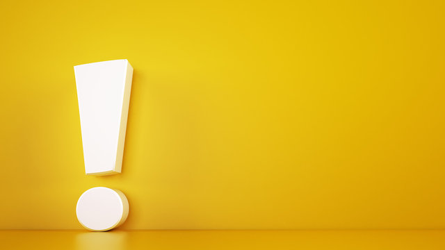 Big white exclamation mark on a yellow background. 3D Rendering