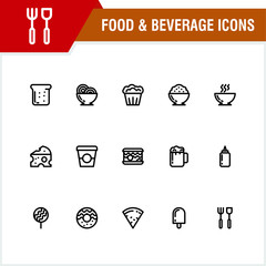 Food and Beverage Icon set Related Vector Line Icons. Contains such Icons as doodle, ice, glass, rice, cheese, beer, bottles, sauce, bread, cake and other 15 icon 