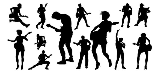 A set of guitarist musicians in detailed silhouette playing their guitars.