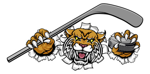 A wildcat ice hockey player animal sports mascot holding a hockey stick and puck