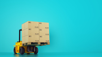 Electric yellow forklift loads a wooden pallet with boxes on cyan background - obrazy, fototapety, plakaty