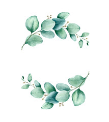 Watercolor hand painted frame with eucalyptus leaves. Frame for wedding invitations, save the date or greeting cards.. © Lora