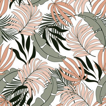 Original seamless tropical pattern with bright pink plants and leaves on white background.  Vector design. Jungle print. Floral background.   Exotic tropics. Summer.