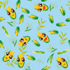 Cute seamless pattern with cartoon emoji corn