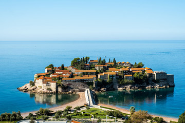 Budva coastlingon the adriatic coastline with budva old town and sveti stefan from an aerial perspective