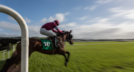 Motion blur speed effect on Race horse and jockey jumping  a hurdle