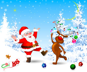 Joyful Santa and deer celebrate Christmas. Santa and deer in the winter forest. Santa and deer celebrate Christmas. Christmas Eve. Christmas decorations in the snow. Christmas night. Winter landscape,