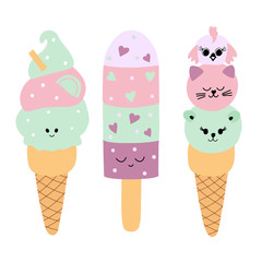 Cute Kawaii food characters - ice-cream cat, dog, bird isolated on white background. Vector sweet dessert illustration eps10