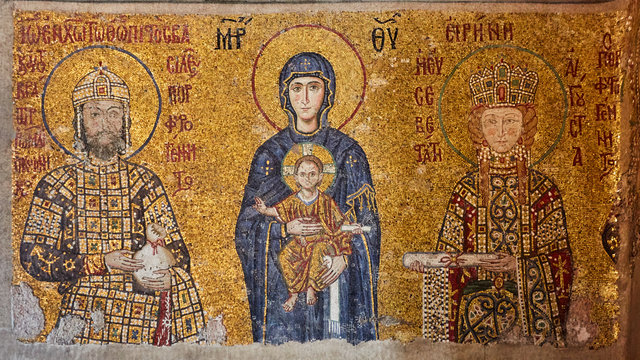 Mosaic of Virgin Mary and Jesus Christ and other Saints in the Hagia Sofia church, Istanbul, Turkey.