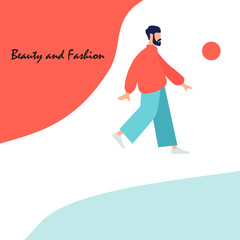 Fashionable clothes for men. Flat cartoon style. Guy with trendy beard and hairstyle. Minimalism. Caption: "Beauty and Fashion"