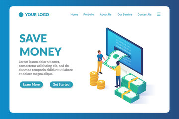 save money isometric website landing page template