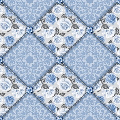 Seamless blue decorative pattern with roses and chains