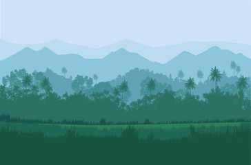 Natural jungle green forest mountains horizon trees Landscape wallpaper Illustration vector On comics style Colorful view background