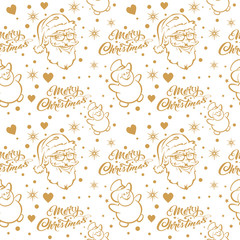 Seamless pattern with santa claus and snowman. Merry Christmas lettering, snowflakes, confetti and stars. Vector.