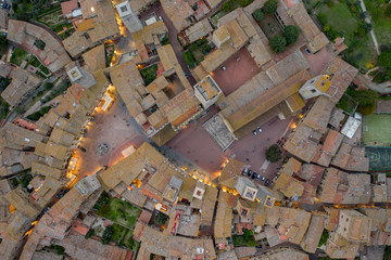 Aerial view of the old city of San Gimignano. Sunset in italy in autumn